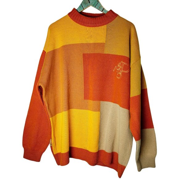 Vintage 1990's Davoucci Color Block Embroidered Knit Wool Sweater Sz Large
